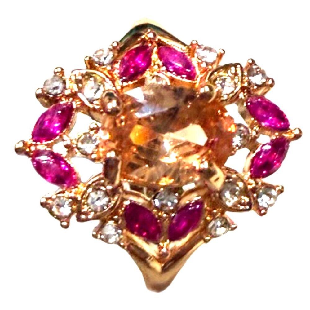 Pink Crystal Statement Ring Gold Tone Floral Cluster Cocktail Ring Size 7.5